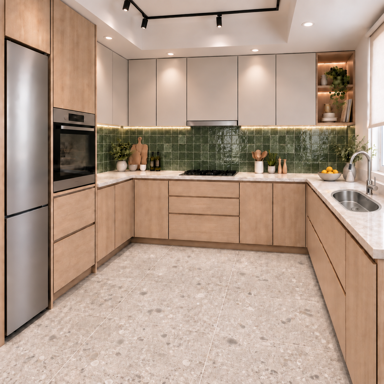 Cocina renovada con muebles de madera clara, alacenas claras y revestimiento verde oliva